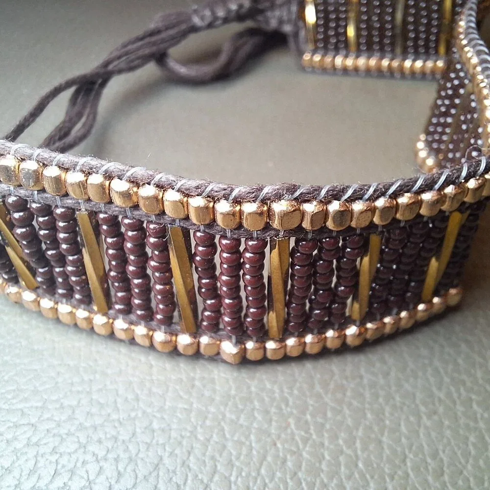 Handcrafted Brown Beaded Bracelet With Gold & Bronze Accents Adjustable Strap Ha